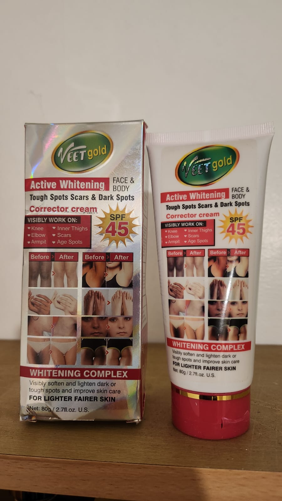 Veet Gold Active Whitening Face & Body Spot Corrector Cream SPF 45 for Tough Spots Scars & Dark Spots