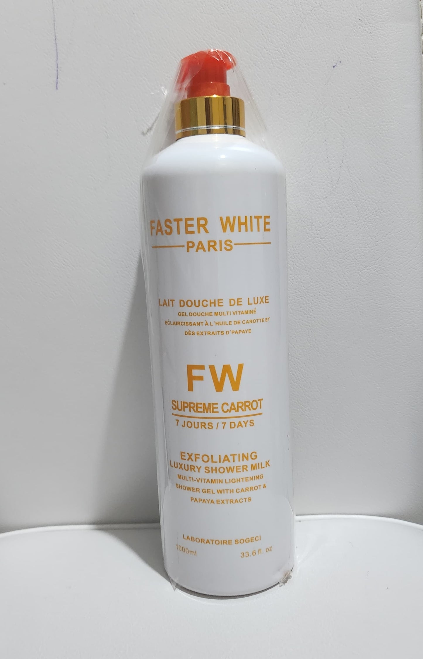 Faster White Paris Supreme Carrot Exfoliating Luxury Shower Gel Milk 1000ml Multi-Vitamin Lightening Formula