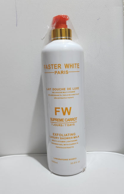 Faster White Paris Supreme Carrot Exfoliating Luxury Shower Gel Milk 1000ml Multi-Vitamin Lightening Formula